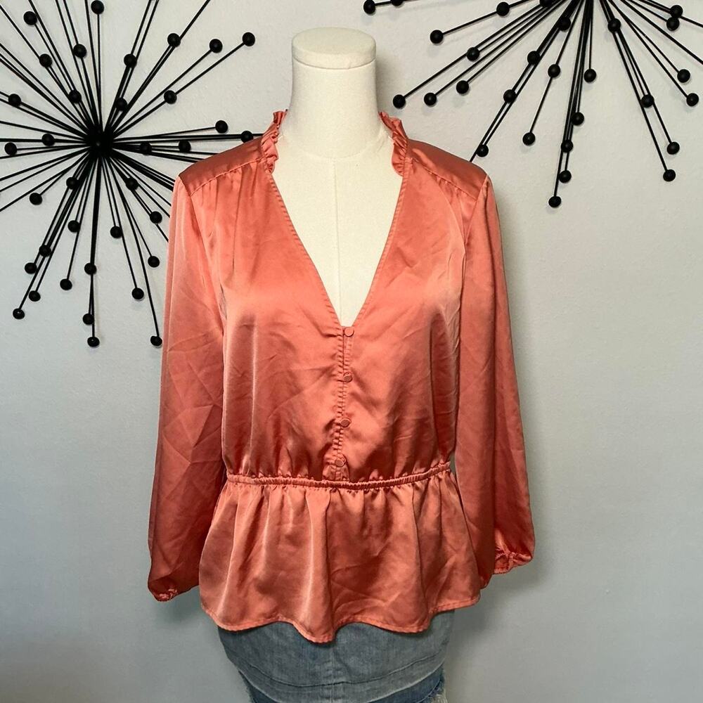 J.Crew satin blouse coral pink ruffle neckline peplum top silky button front